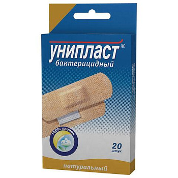 Набор лейкопластырей бактерицидных 20 шт., 1,9х7,2 см, УНИПЛАСТ, натуральные, 20024374